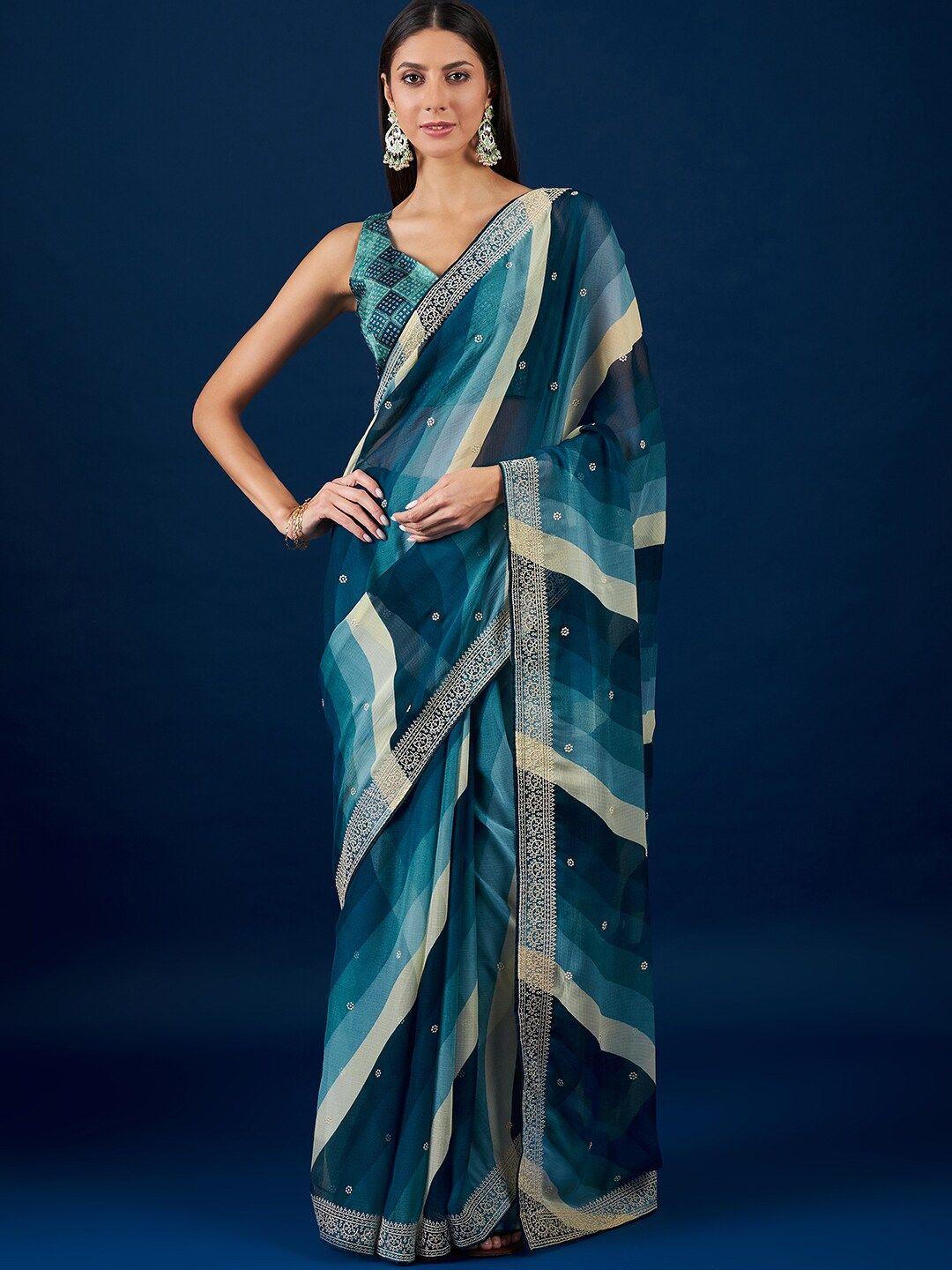 anouk blue & green striped embroidered pure chiffon saree