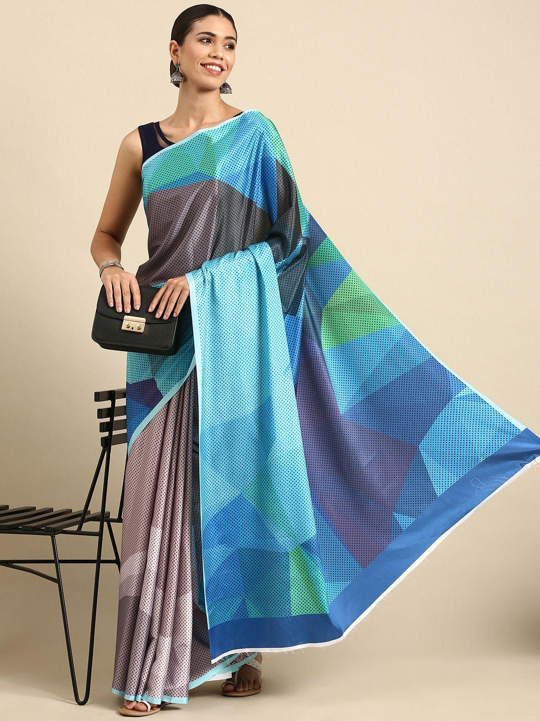 anouk blue & grey abstract print linen blend bhagalpuri saree