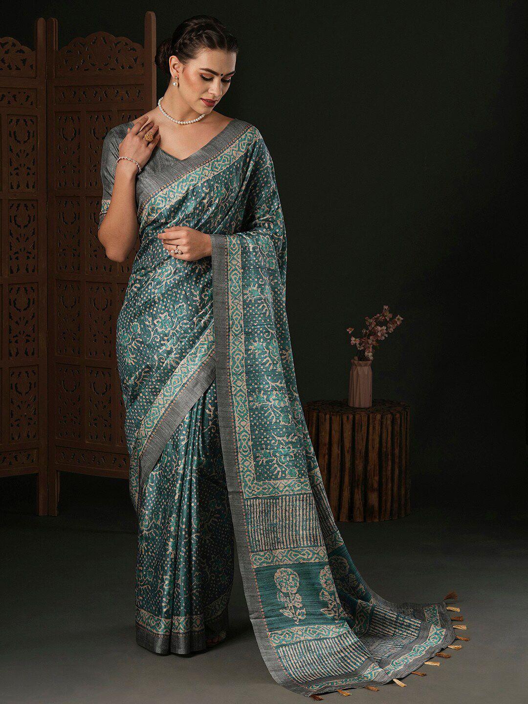 anouk blue & grey bagh silk blend designer bagru saree