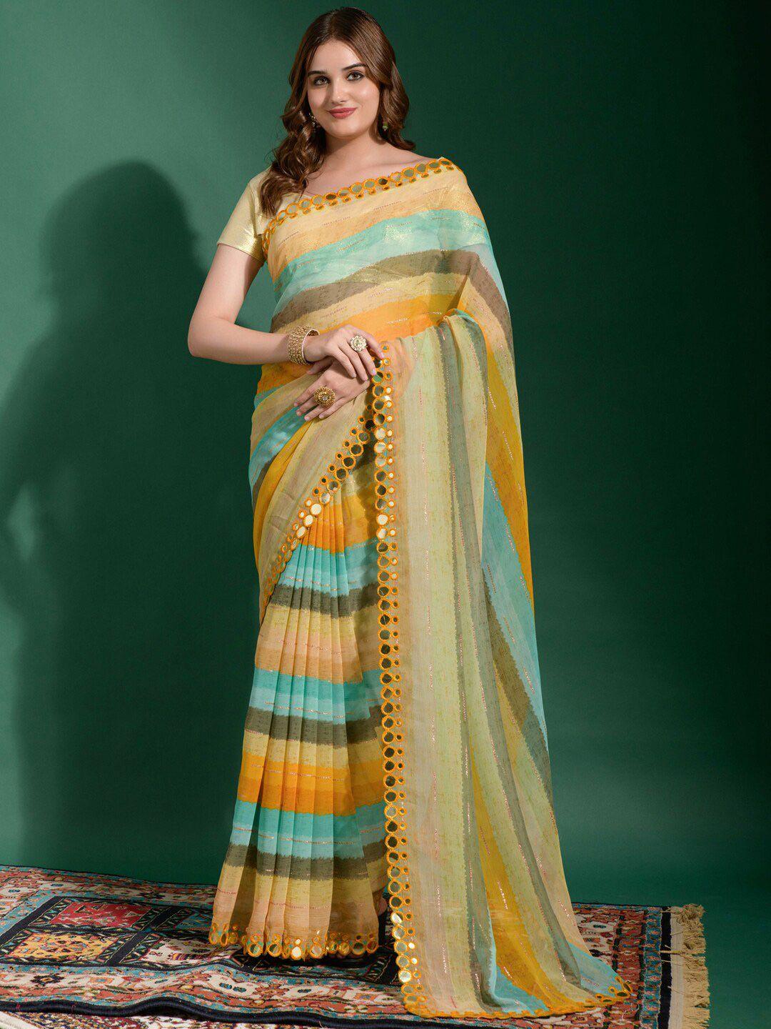 anouk blue & orange striped mirror work pure chiffon saree