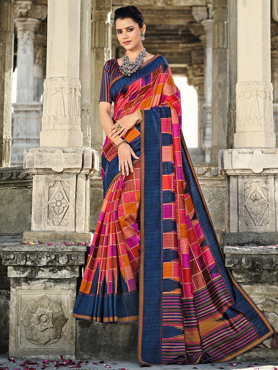 anouk blue & pink checked saree