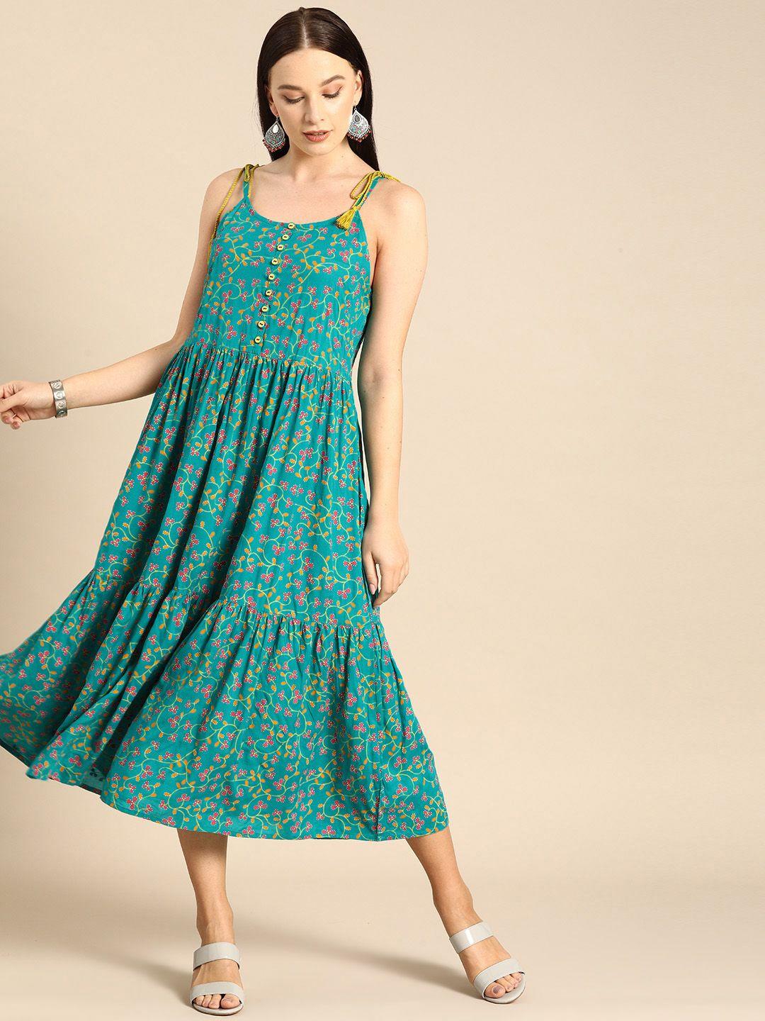 anouk blue & pink ethnic motifs print tiered a-line midi dress