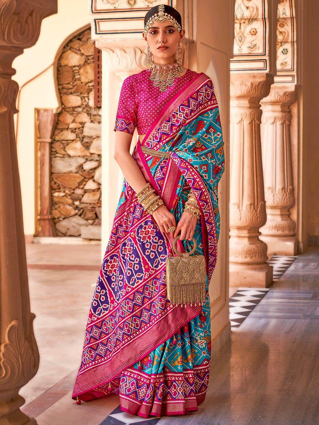 anouk blue & pink ethnic motifs printed zari patola saree