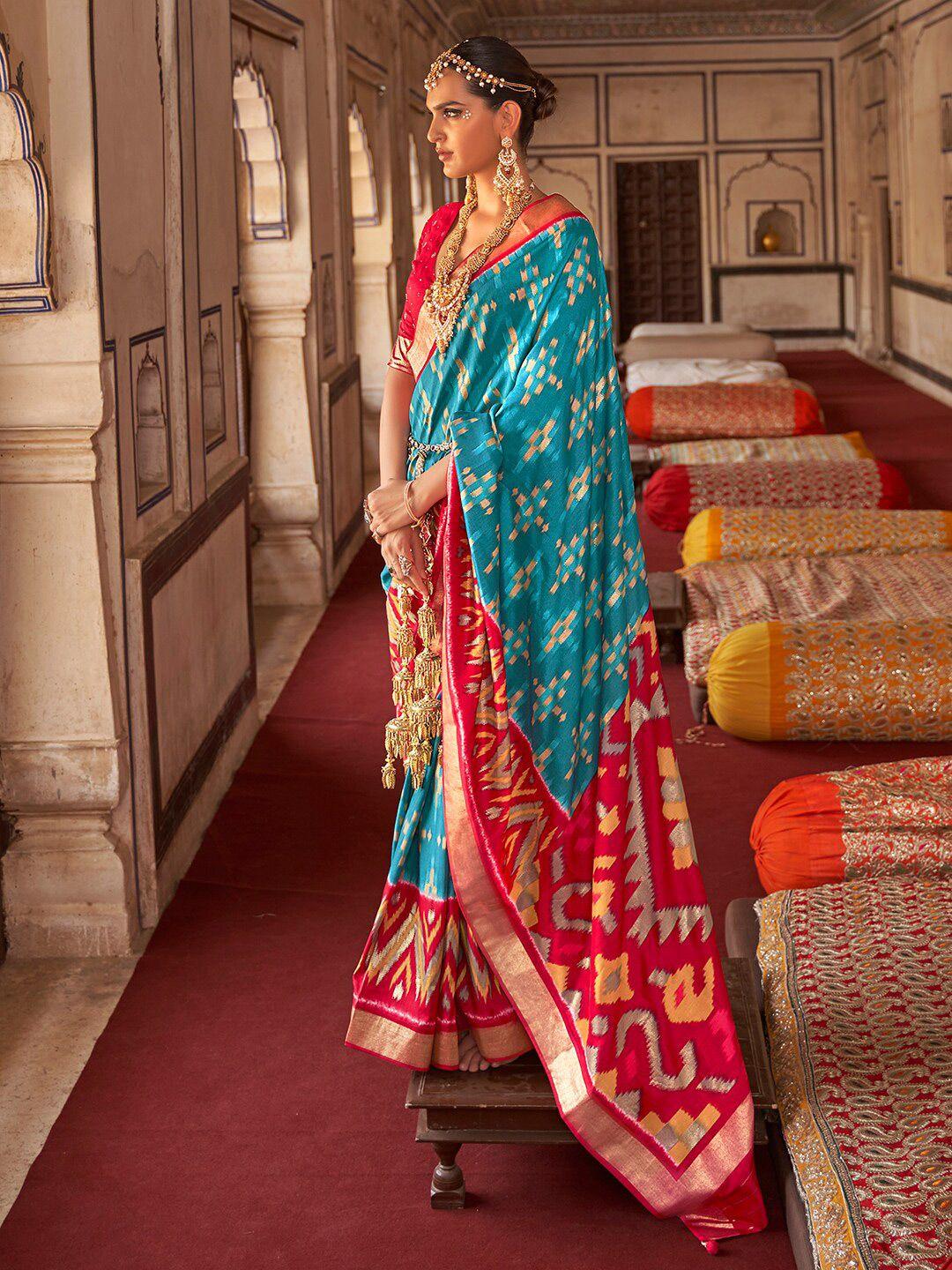 anouk blue & pink ethnic motifs zari silk blend ikat saree