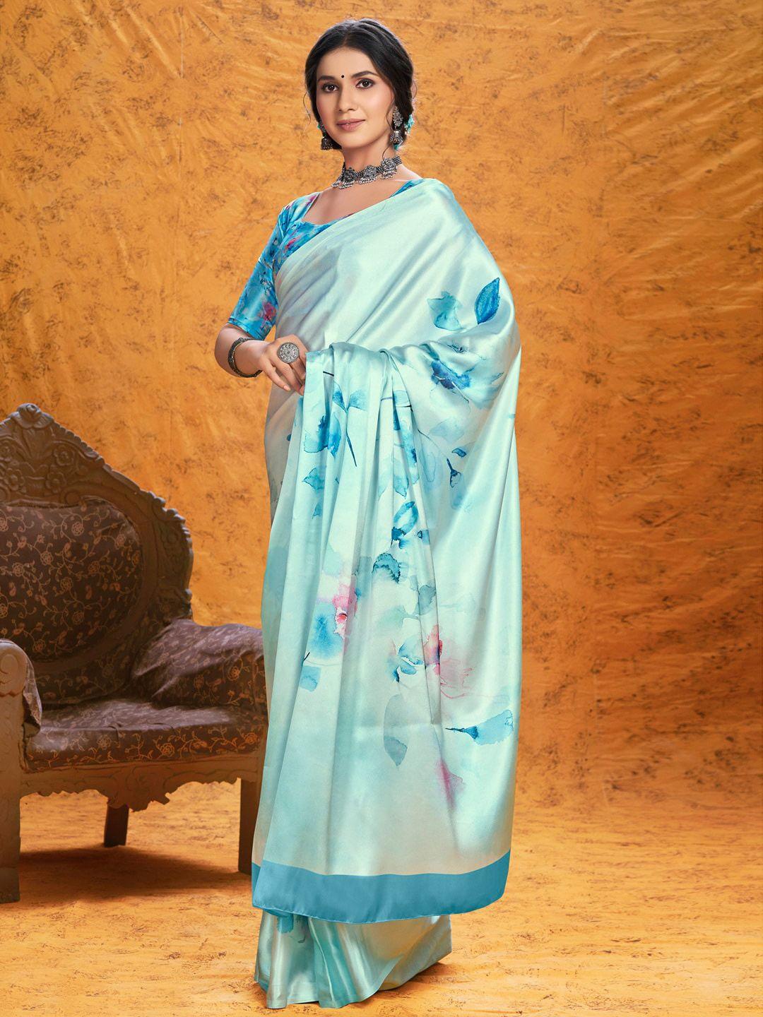 anouk blue & pink floral printed saree