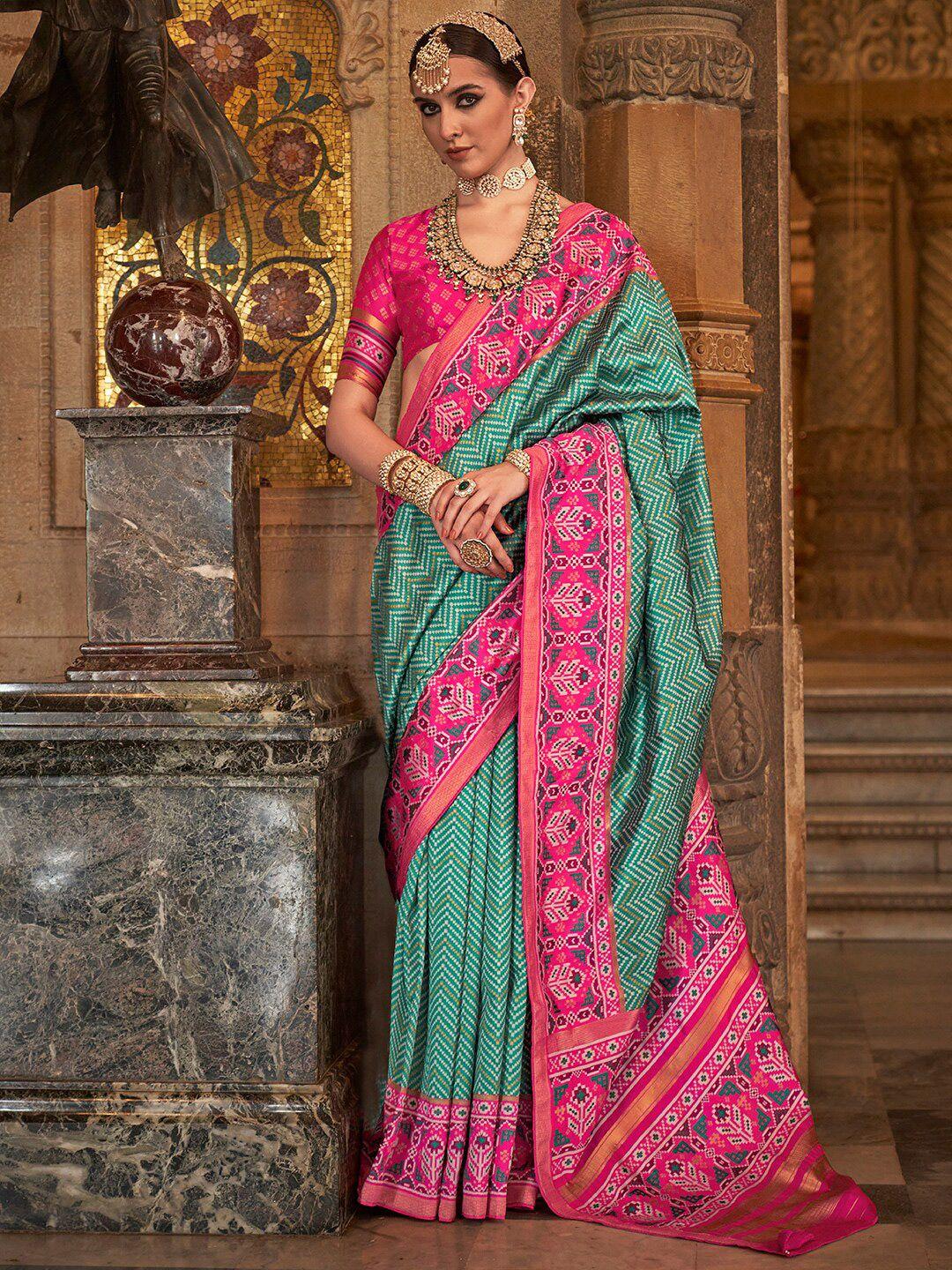 anouk blue & pink geometric printed zari ikat saree