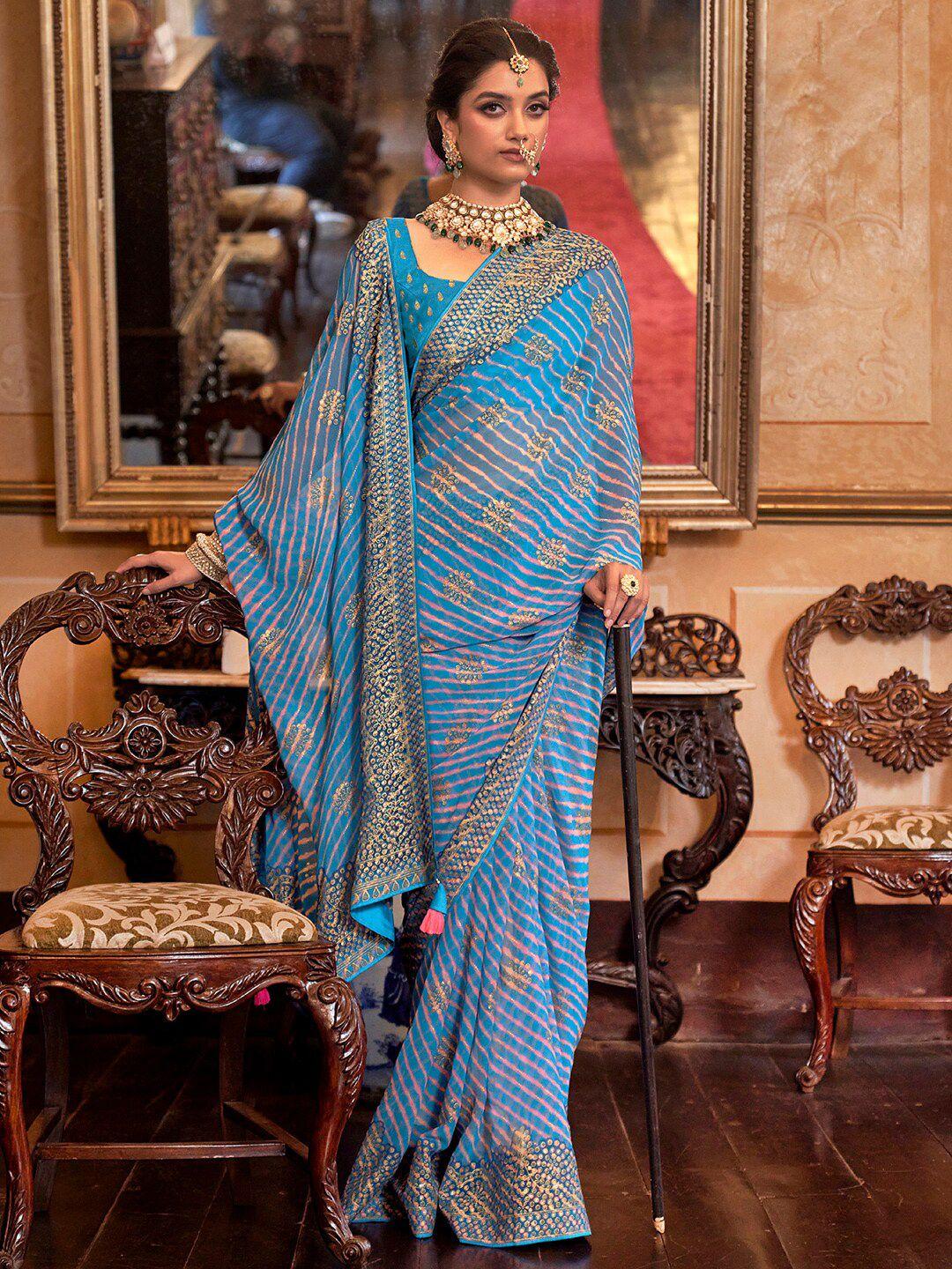 anouk blue & pink leheriya embroidered pure georgette leheriya saree