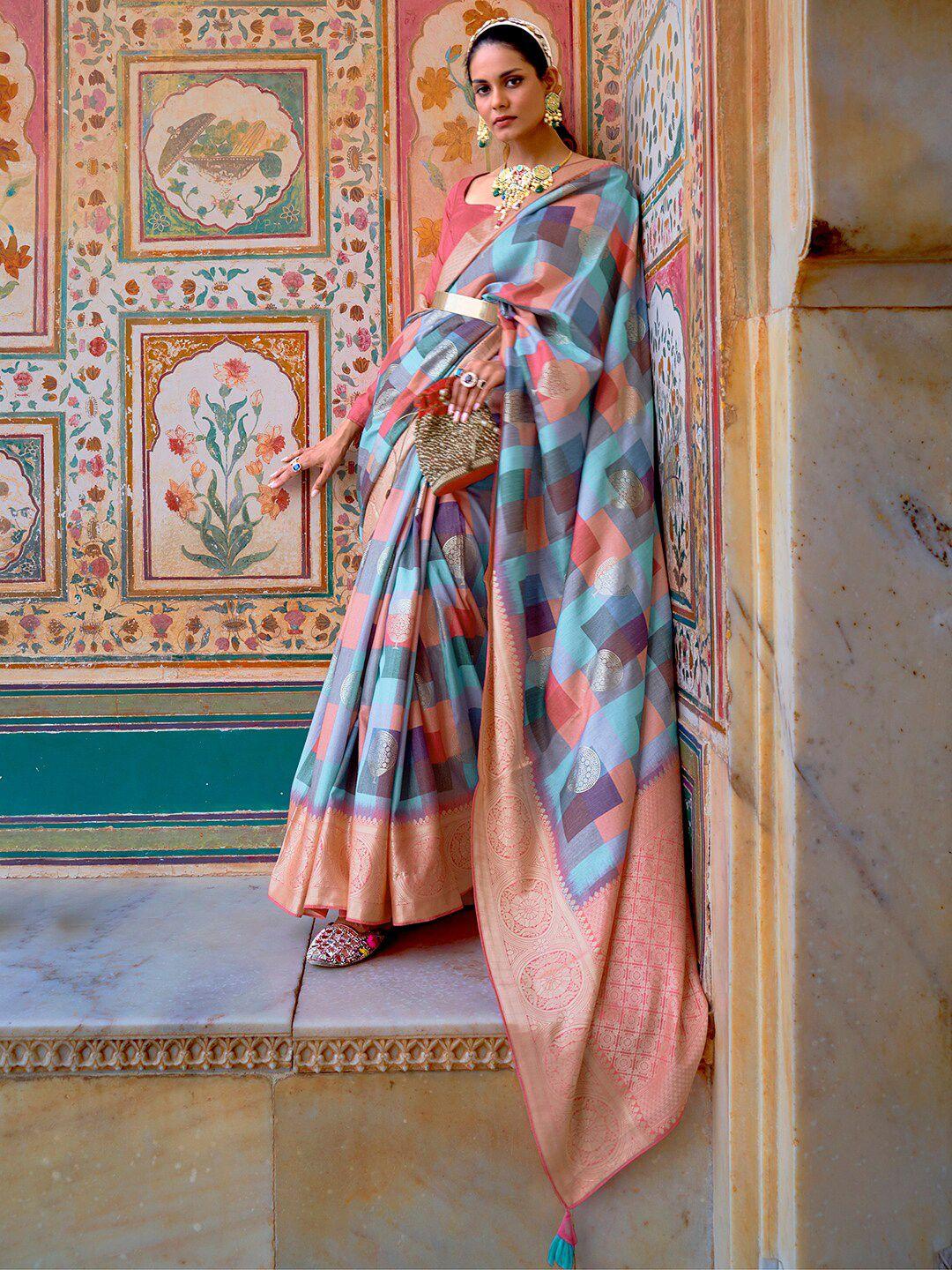 anouk blue & pink zari silk blend banarasi saree