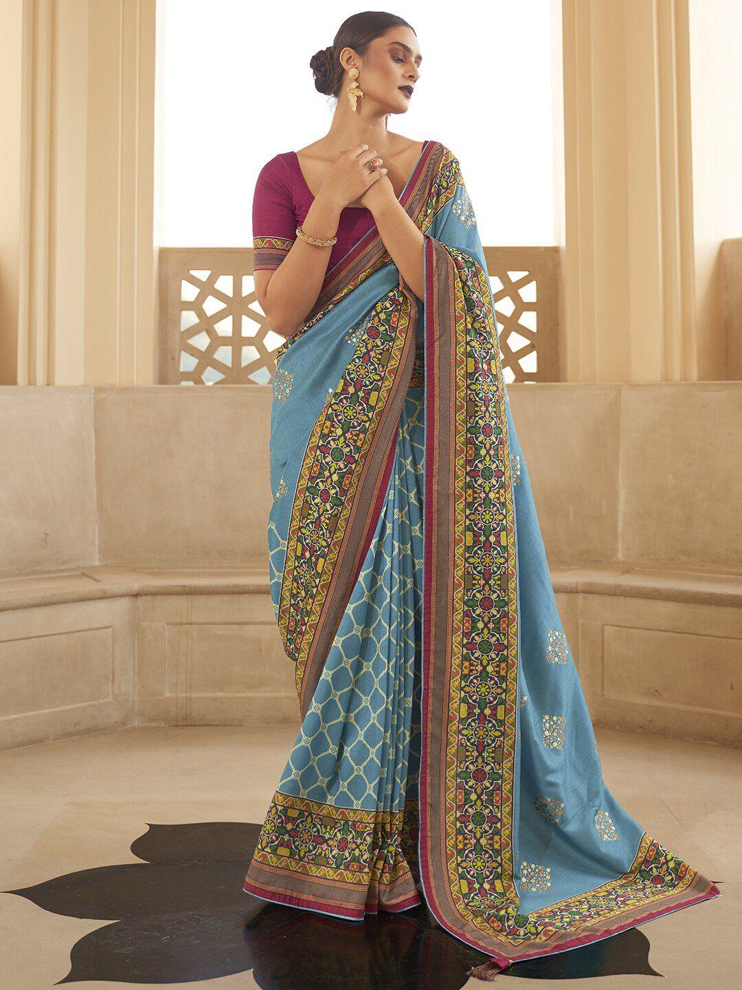 anouk blue & red ethnic motifs printed bagru saree