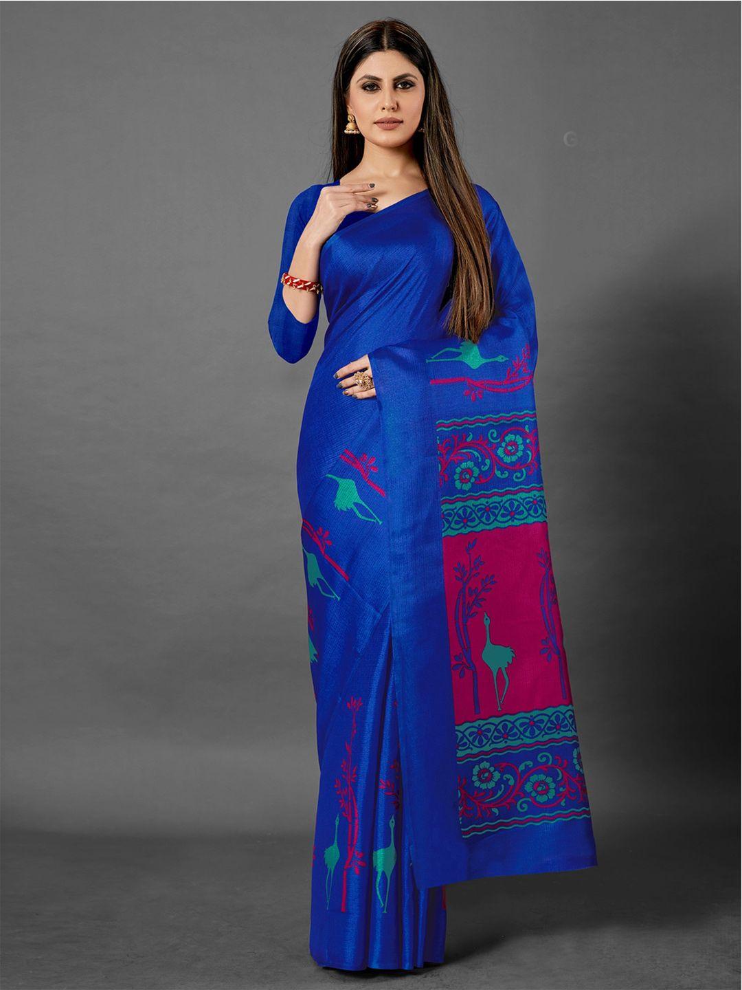 anouk blue & red ethnic motifs printed saree