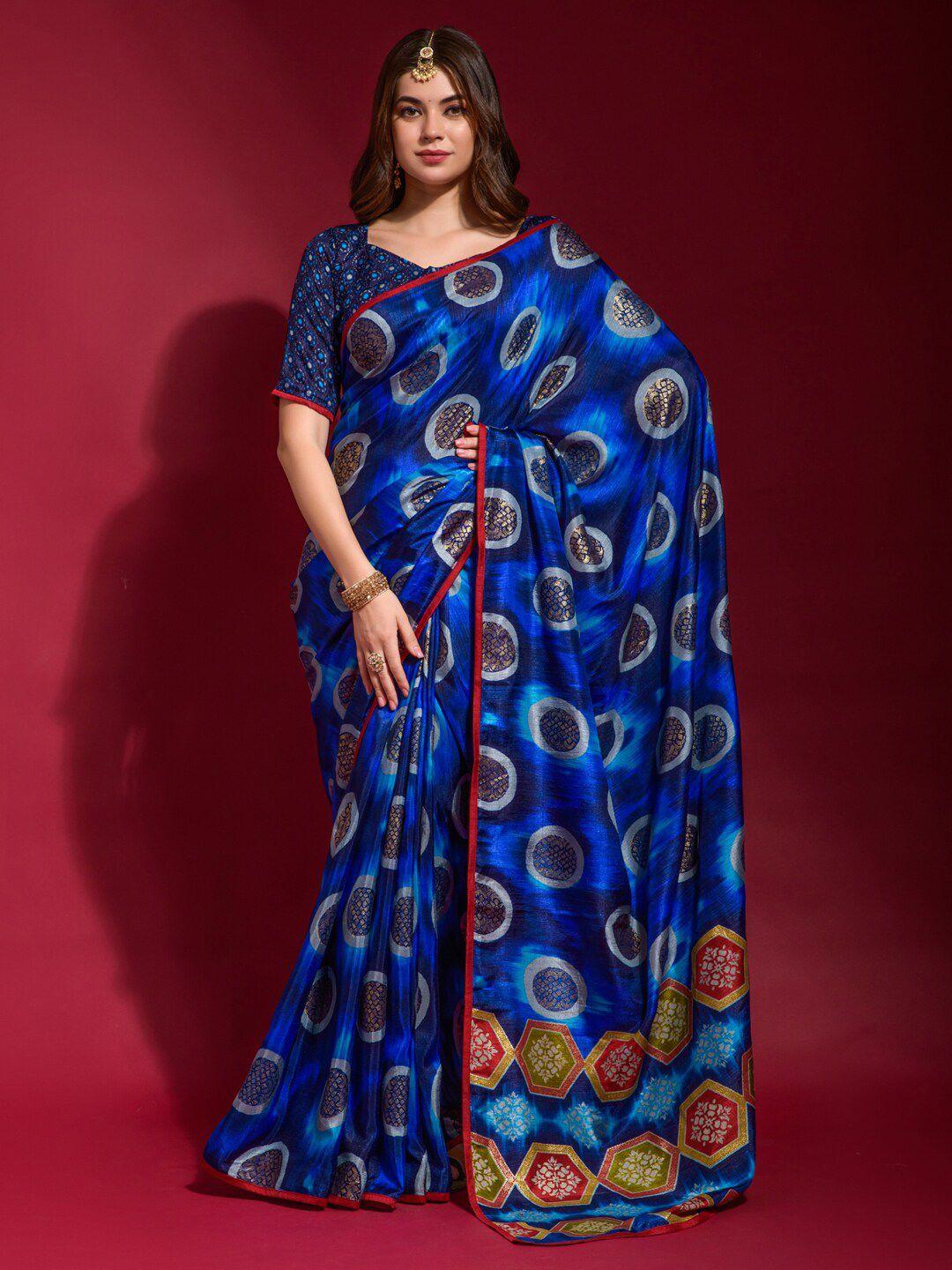 anouk blue & red geometric printed block print saree