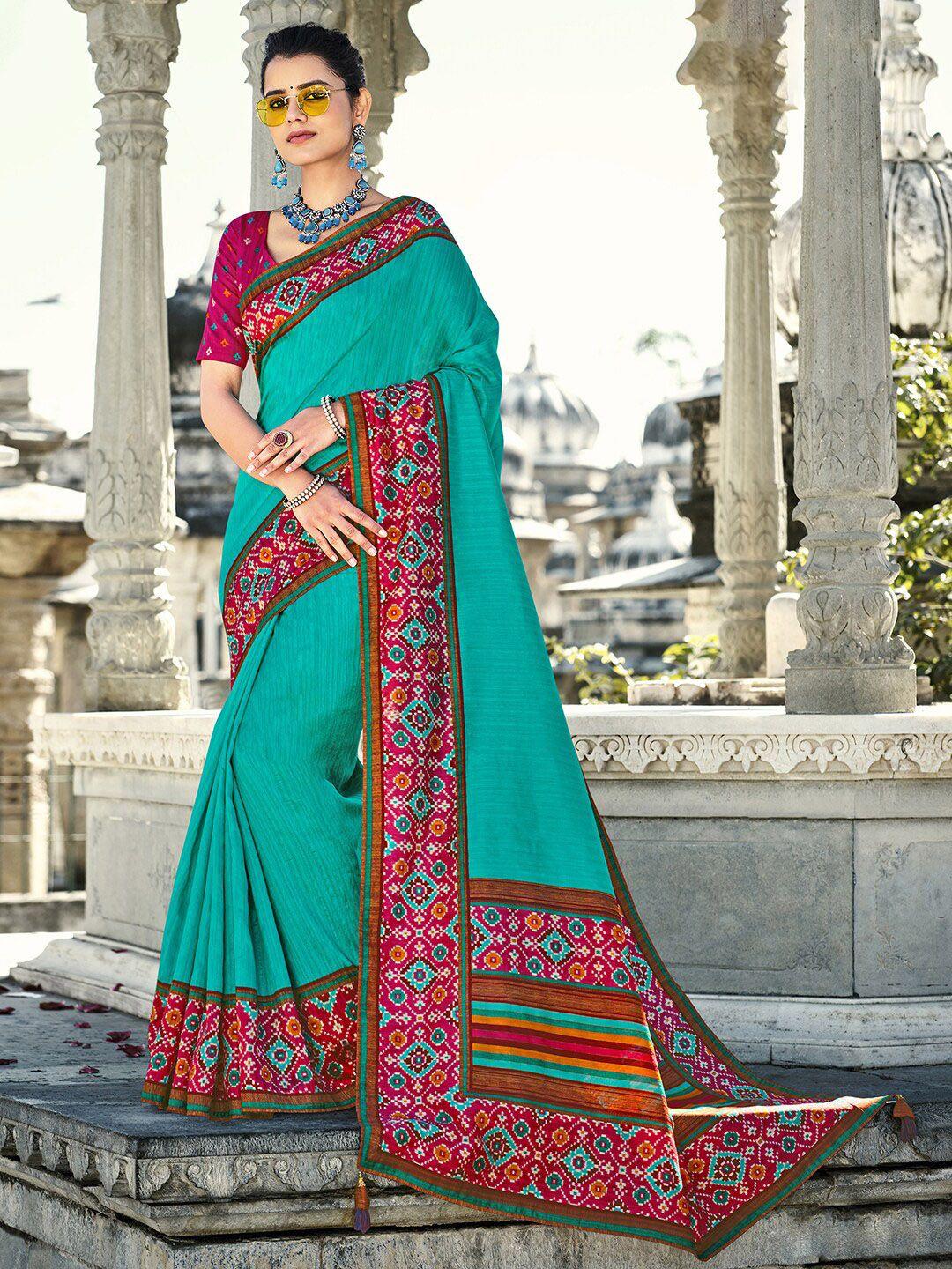 anouk blue & red printed bordered saree