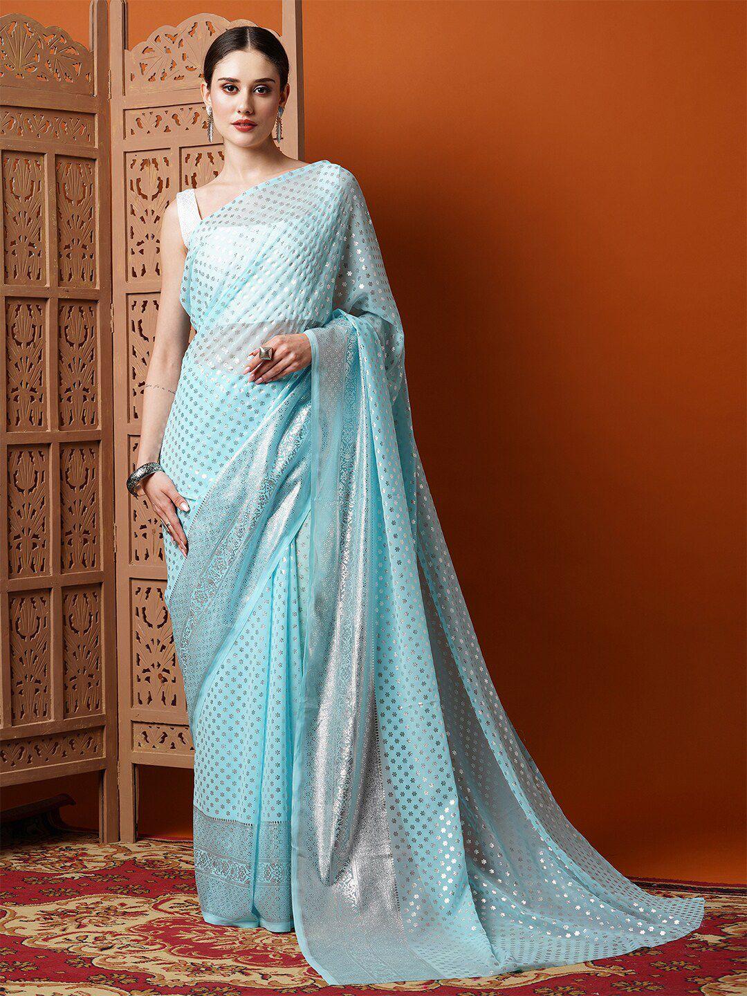 anouk blue & silver-toned ethnic motifs printed pure georgette saree