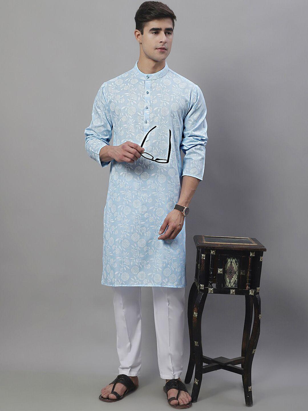 anouk blue & white band collar floral printed kurta with pyjamas