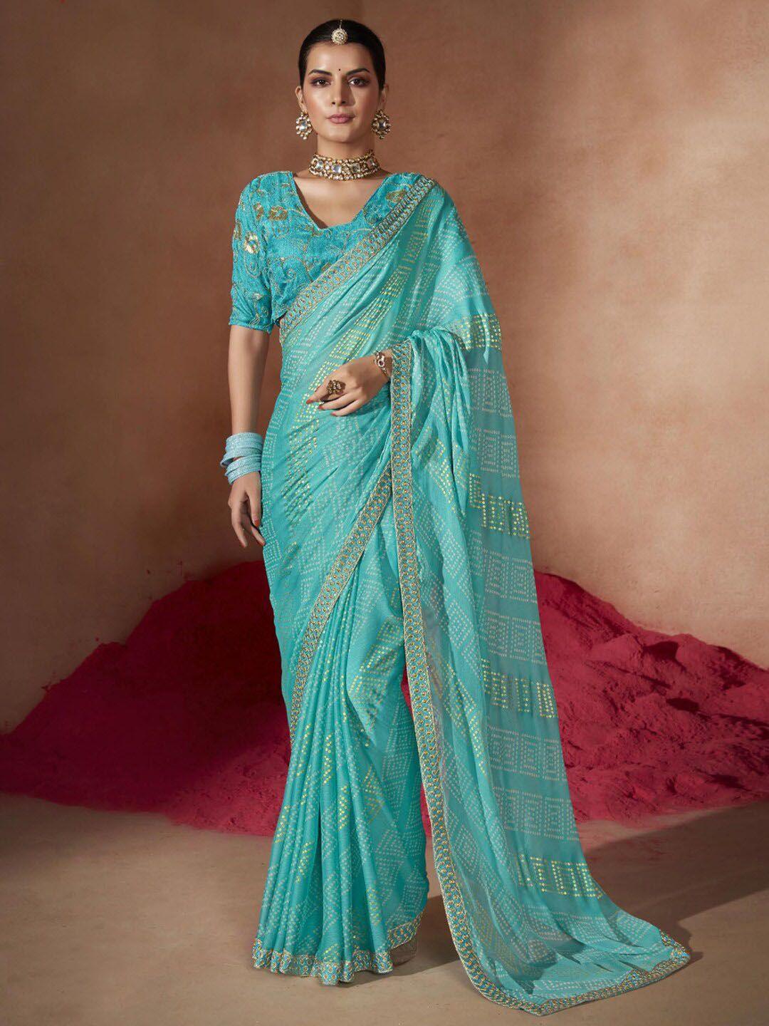 anouk blue & white bandhani sequinned pure chiffon bandhani saree