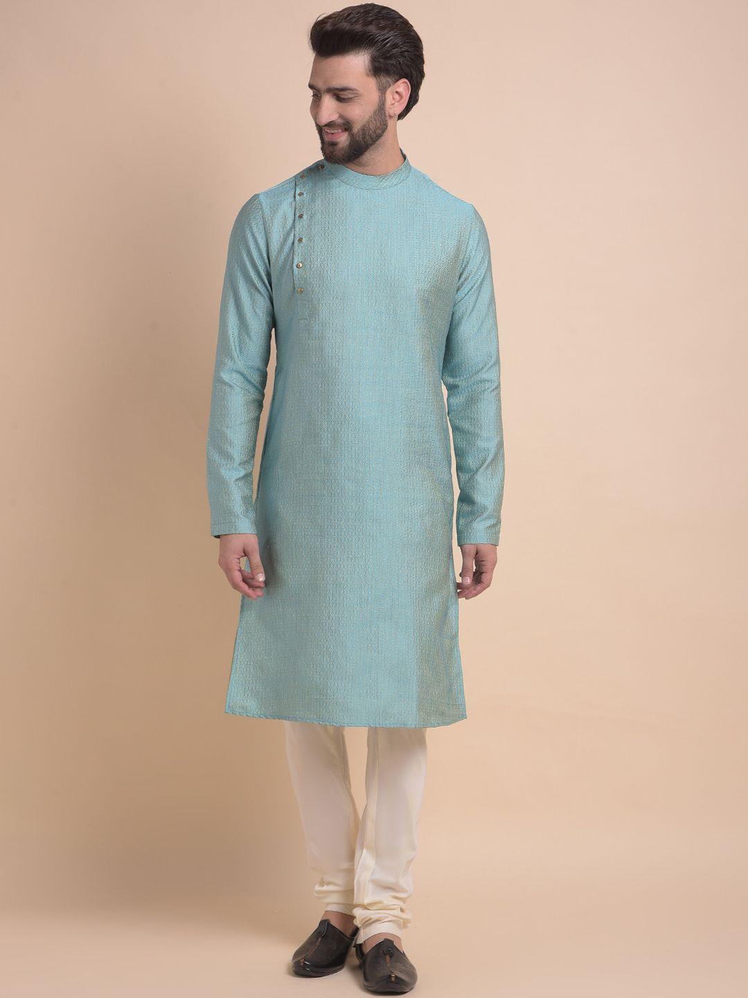 anouk blue & white ethnic motifs woven design cotton jacquard kurta with churidar