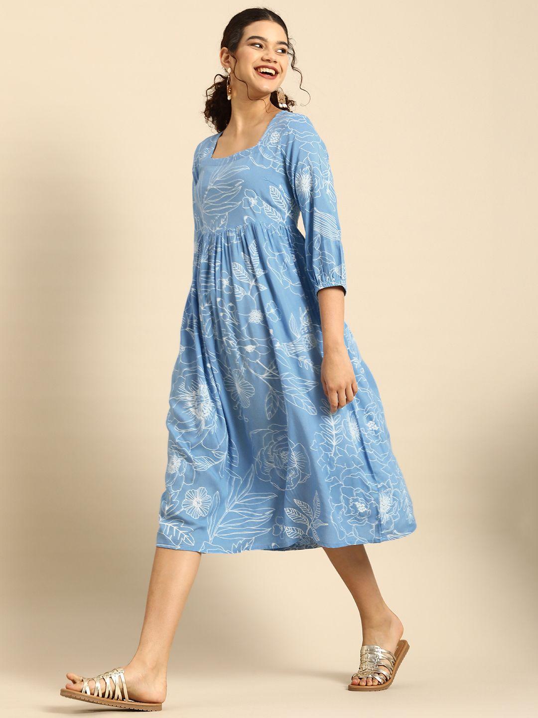 anouk blue & white floral square neck fit n flare dress
