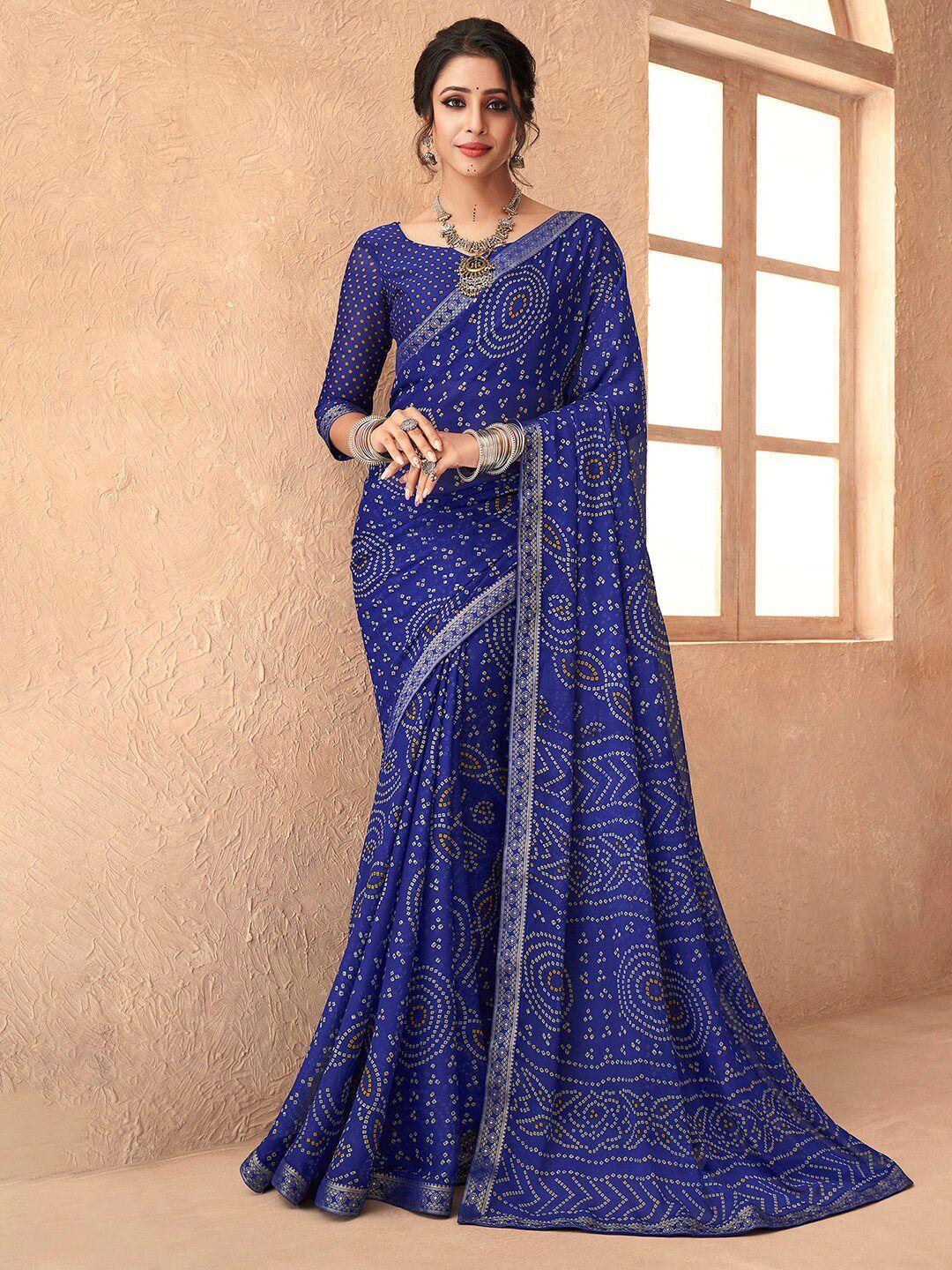 anouk blue & yellow bandhani zari pure chiffon bandhani saree