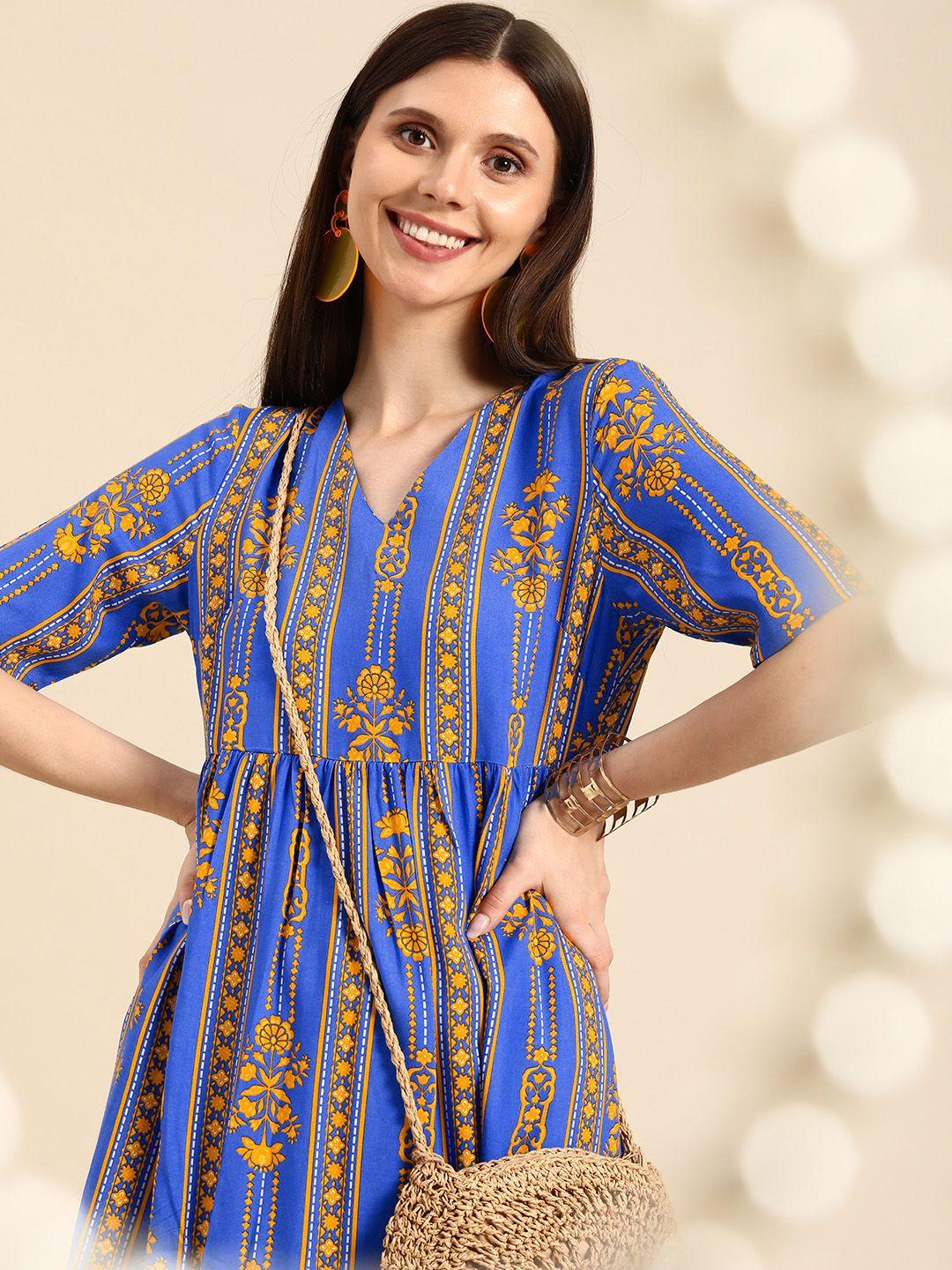 anouk blue & yellow ethnic motifs a-line maxi dress