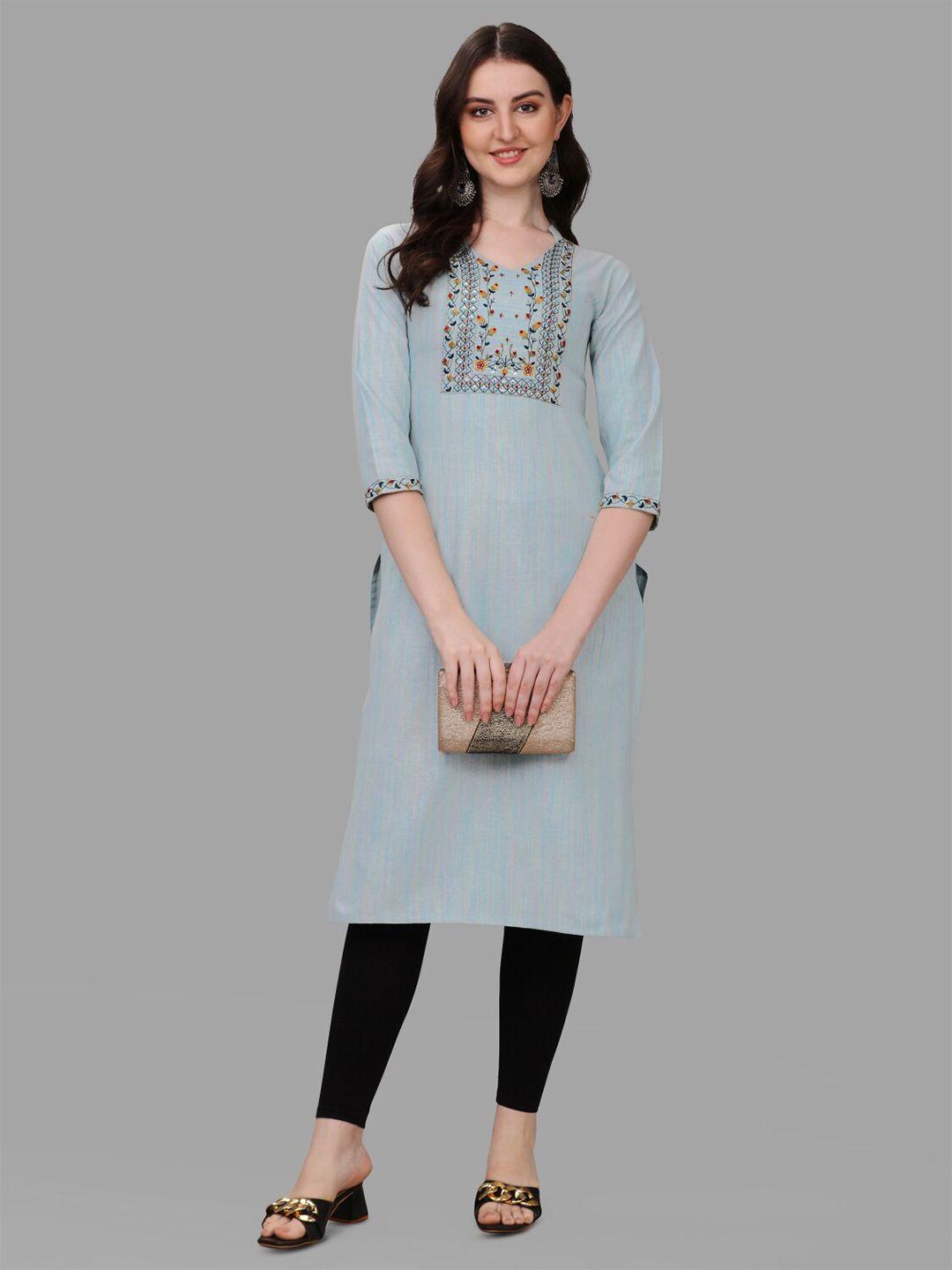 anouk blue & yellow floral sequinned embroidered regular cotton kurta
