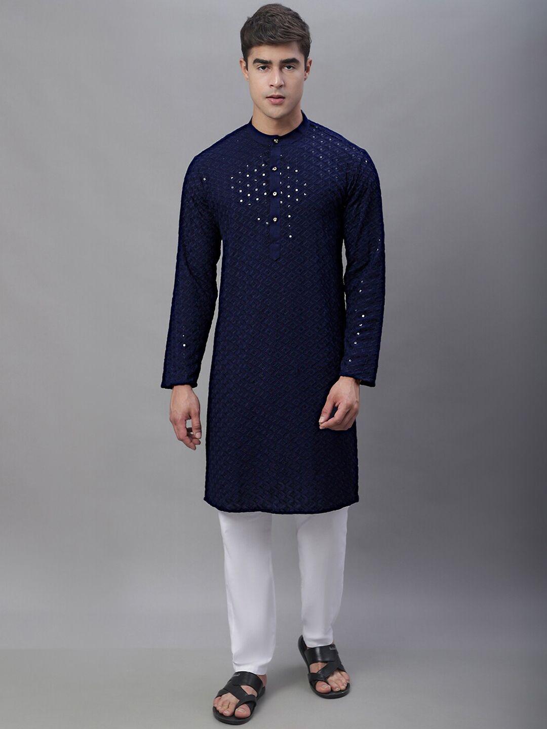 anouk blue embroidered band collar sequinned kurta