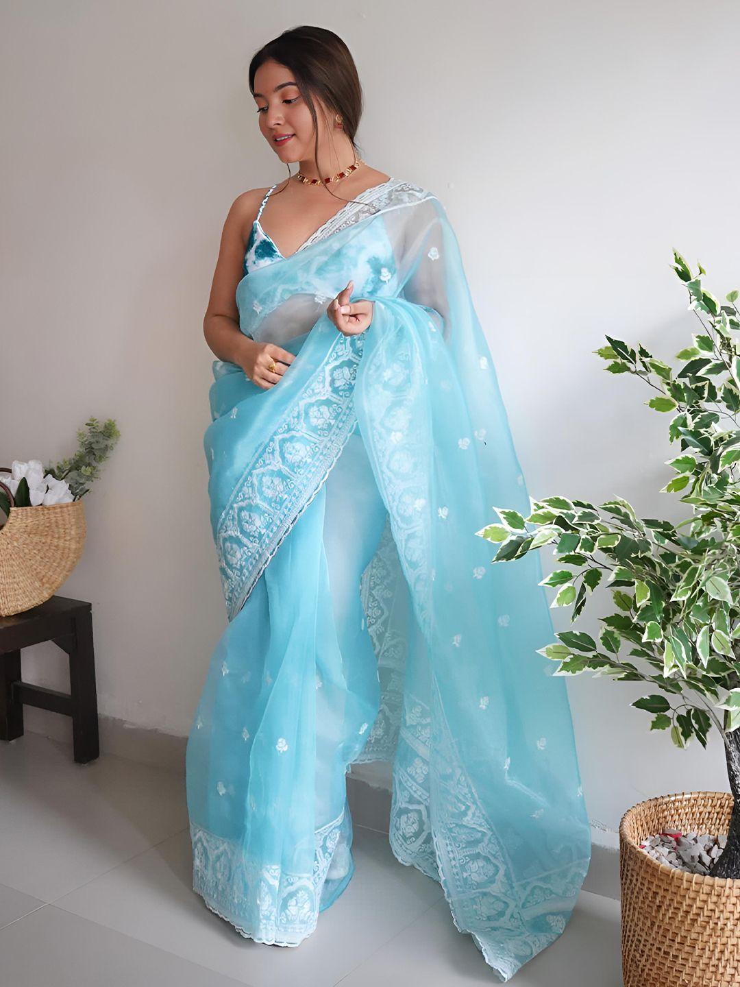 anouk blue ethnic motifs embroidered organza saree