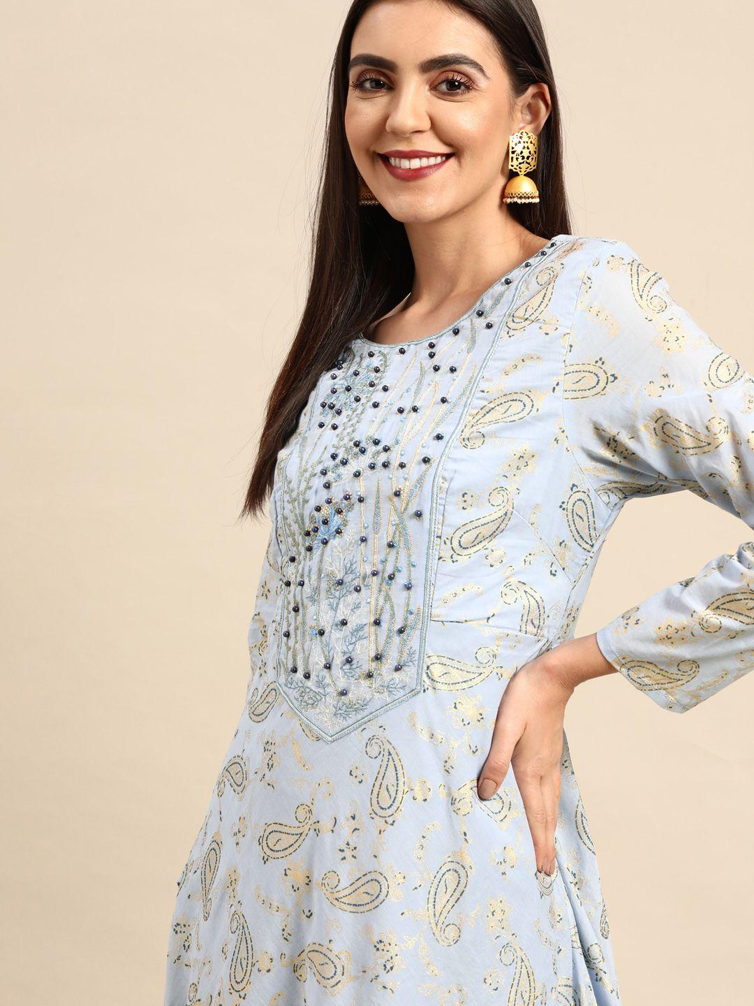 anouk blue ethnic motifs printed cotton maxi dress
