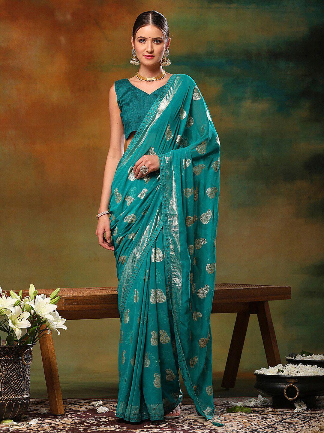 anouk blue ethnic motifs woven design zari detailed pure georgette saree