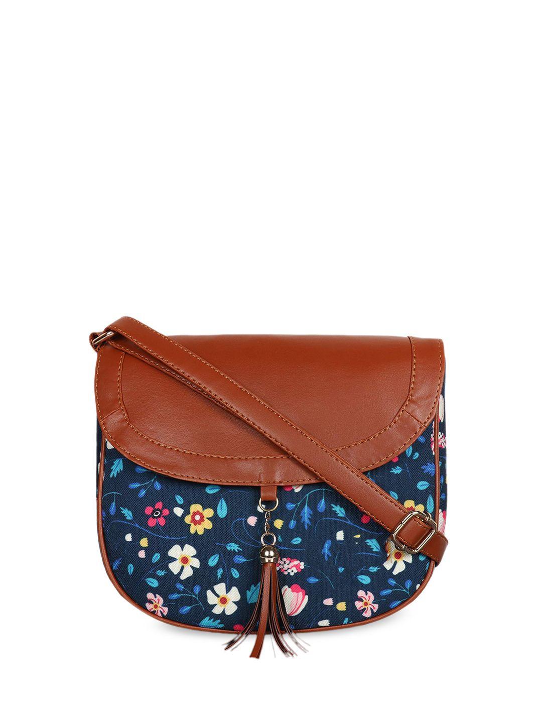 anouk blue floral printed tasselled structured sling bag