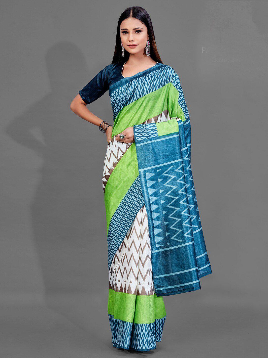 anouk blue geometric printed block print saree