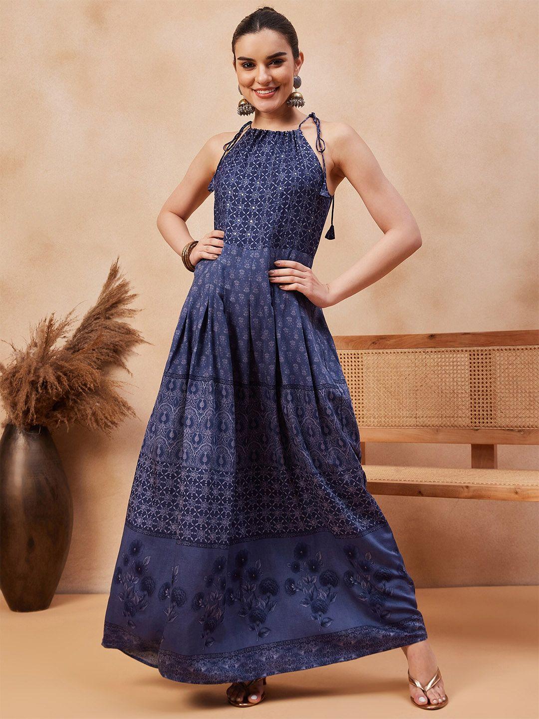 anouk blue geometric printed shoulder strap fit & flare ethnic dress