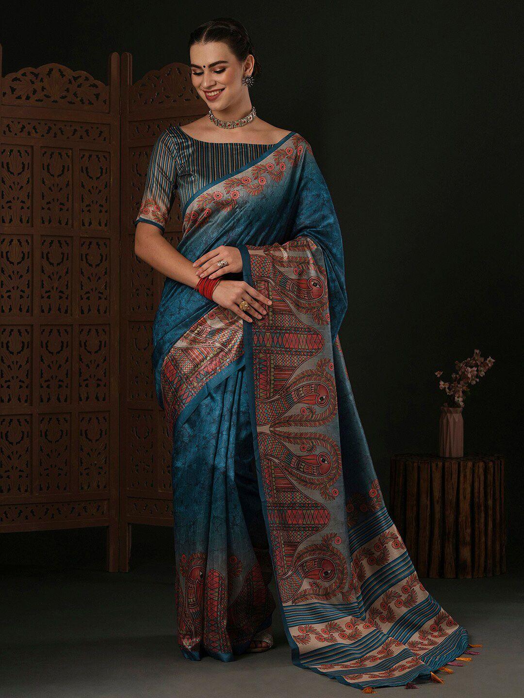 anouk blue kalamkari silk blend designer dabu saree