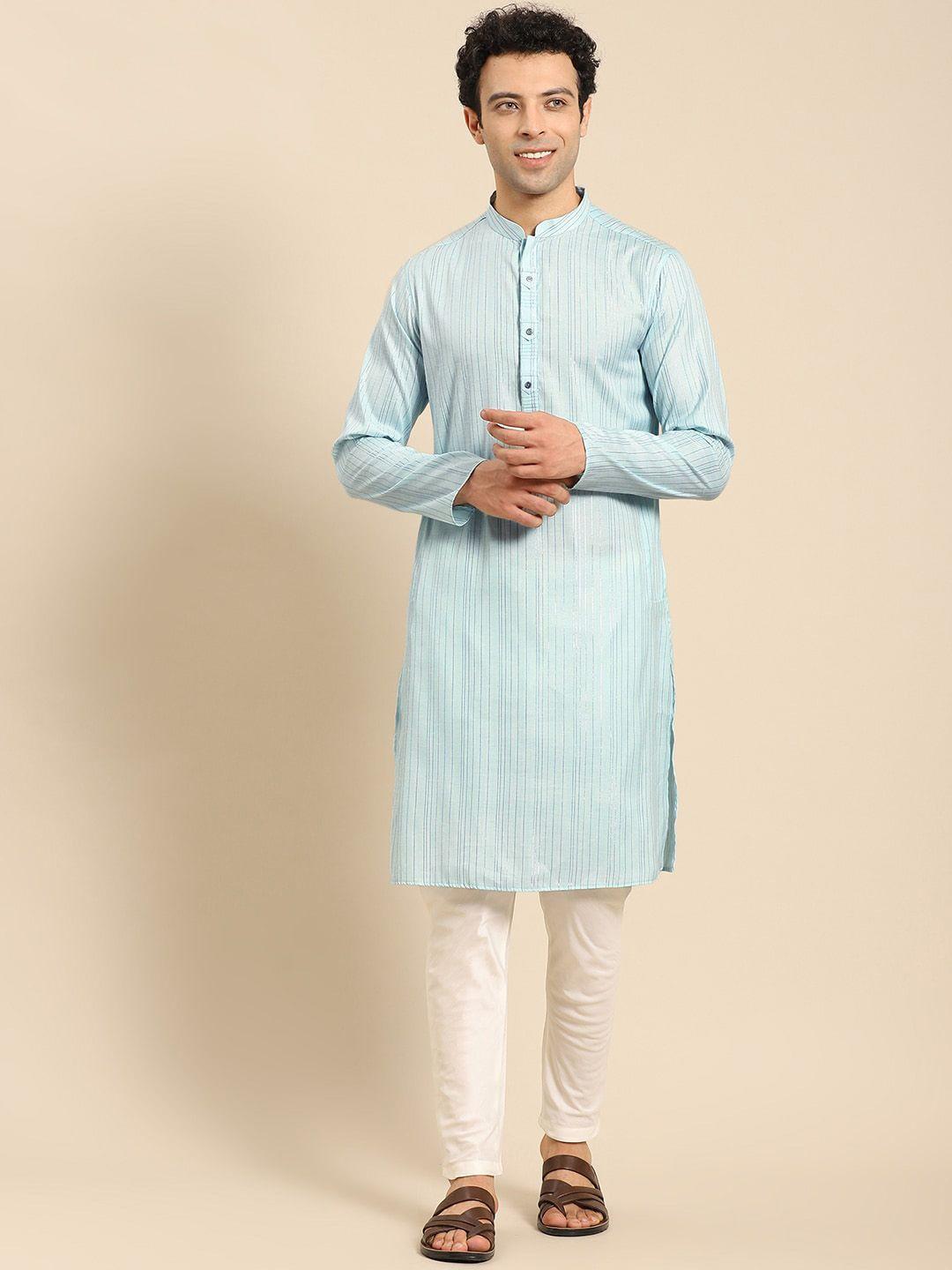 anouk blue striped mandarin collar regular kurta with pyjamas