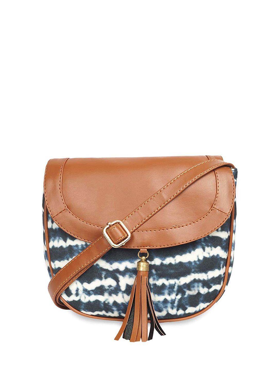 anouk blue striped tasselled structured sling bag