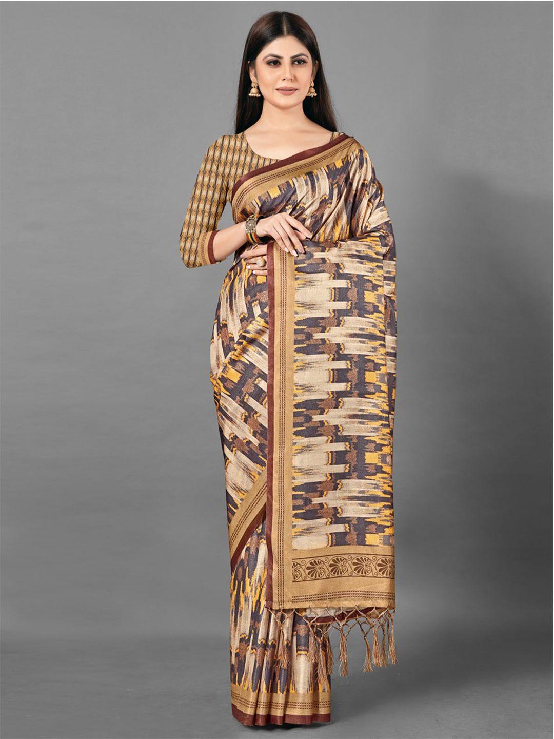 anouk brown & beige abstract printed bagh saree