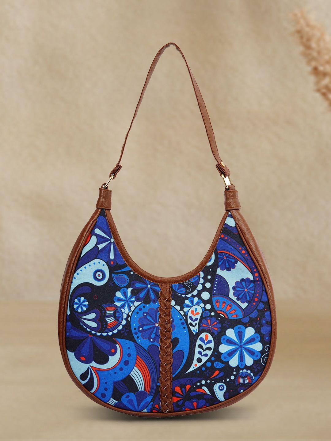 anouk brown & blue ethnic motifs printed leather half moon hobo bag