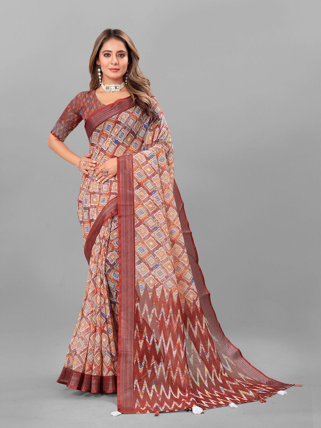 anouk brown & blue ethnic motifs printed pure linen saree