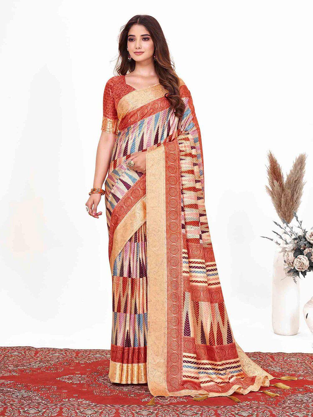 anouk brown & blue zari ethnic motif printed saree