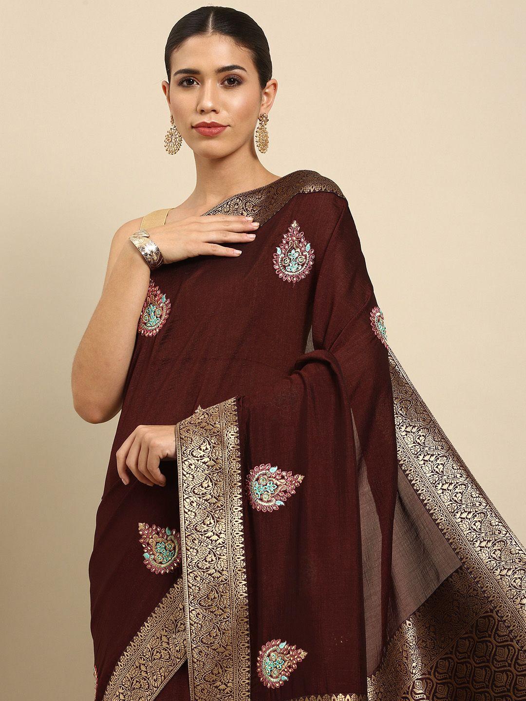 anouk brown & gold-toned ethnic motifs embroidered silk blend banarasi saree