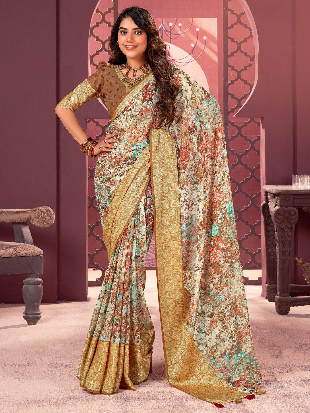 anouk brown & green floral printed zari pure georgette sungudi saree