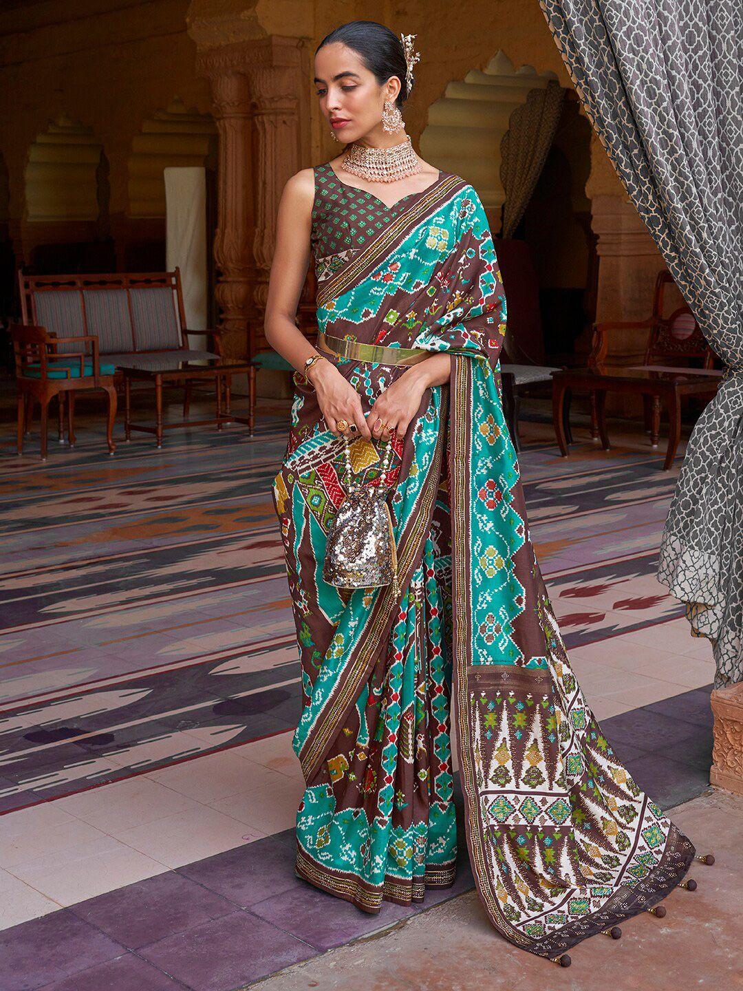 anouk brown & green woven design beads and stones silk blend patola saree