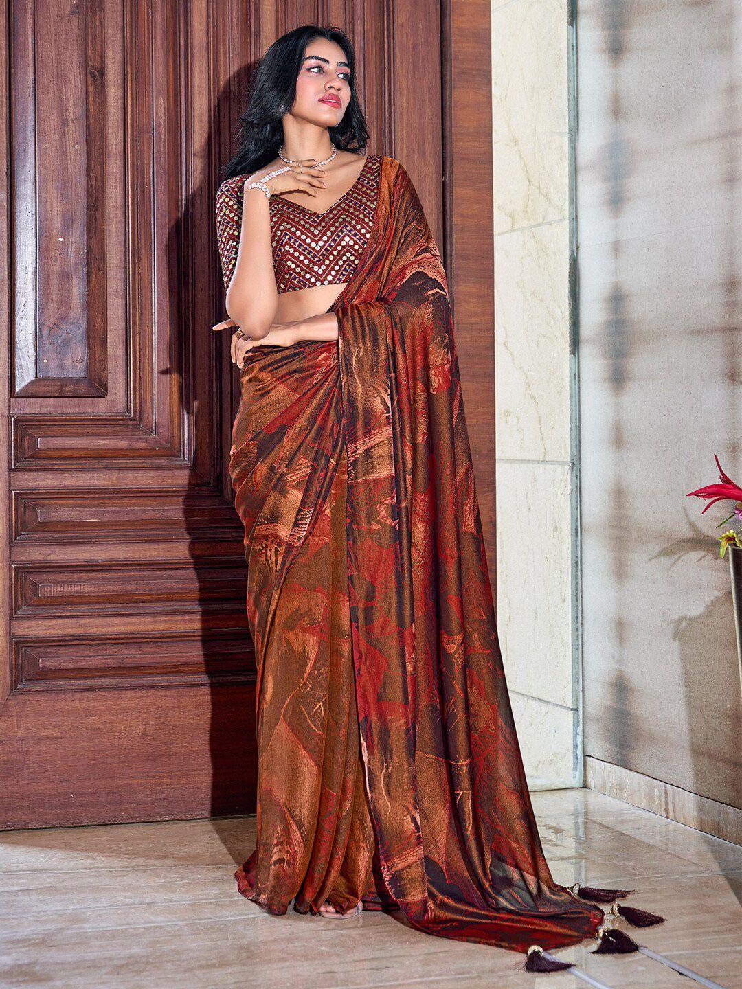 anouk brown & red abstract printed sequinned saree