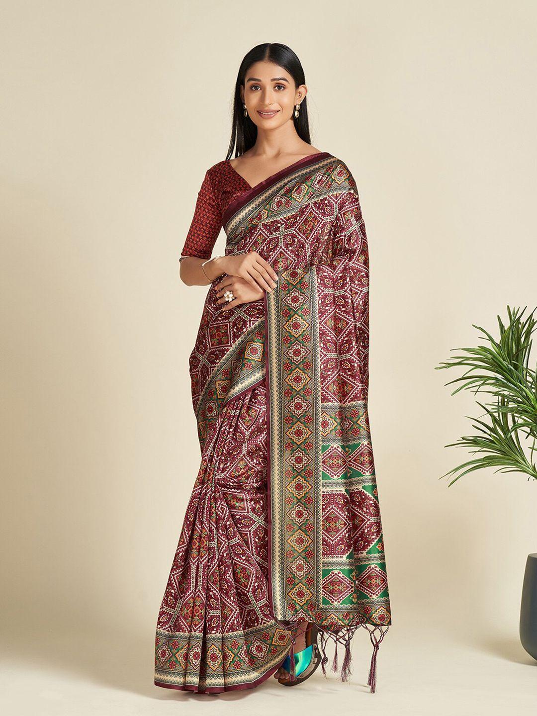 anouk brown & red ethnic motifs printed patola saree