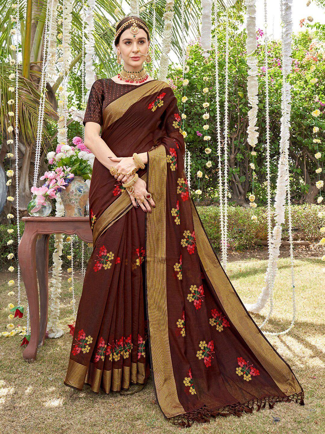 anouk brown & red floral embroidered chanderi saree