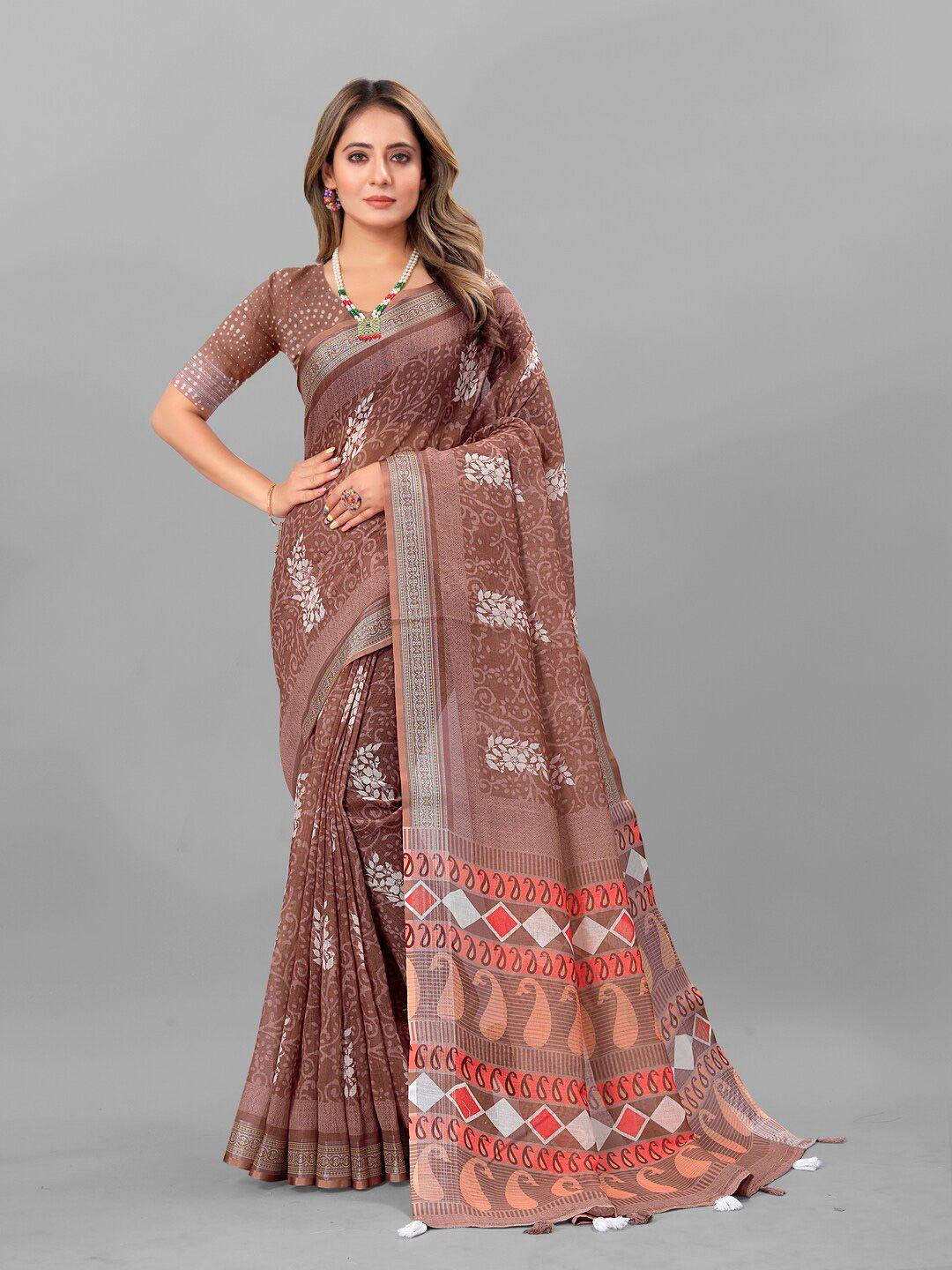 anouk brown & white ethnic motifs printed pure linen saree