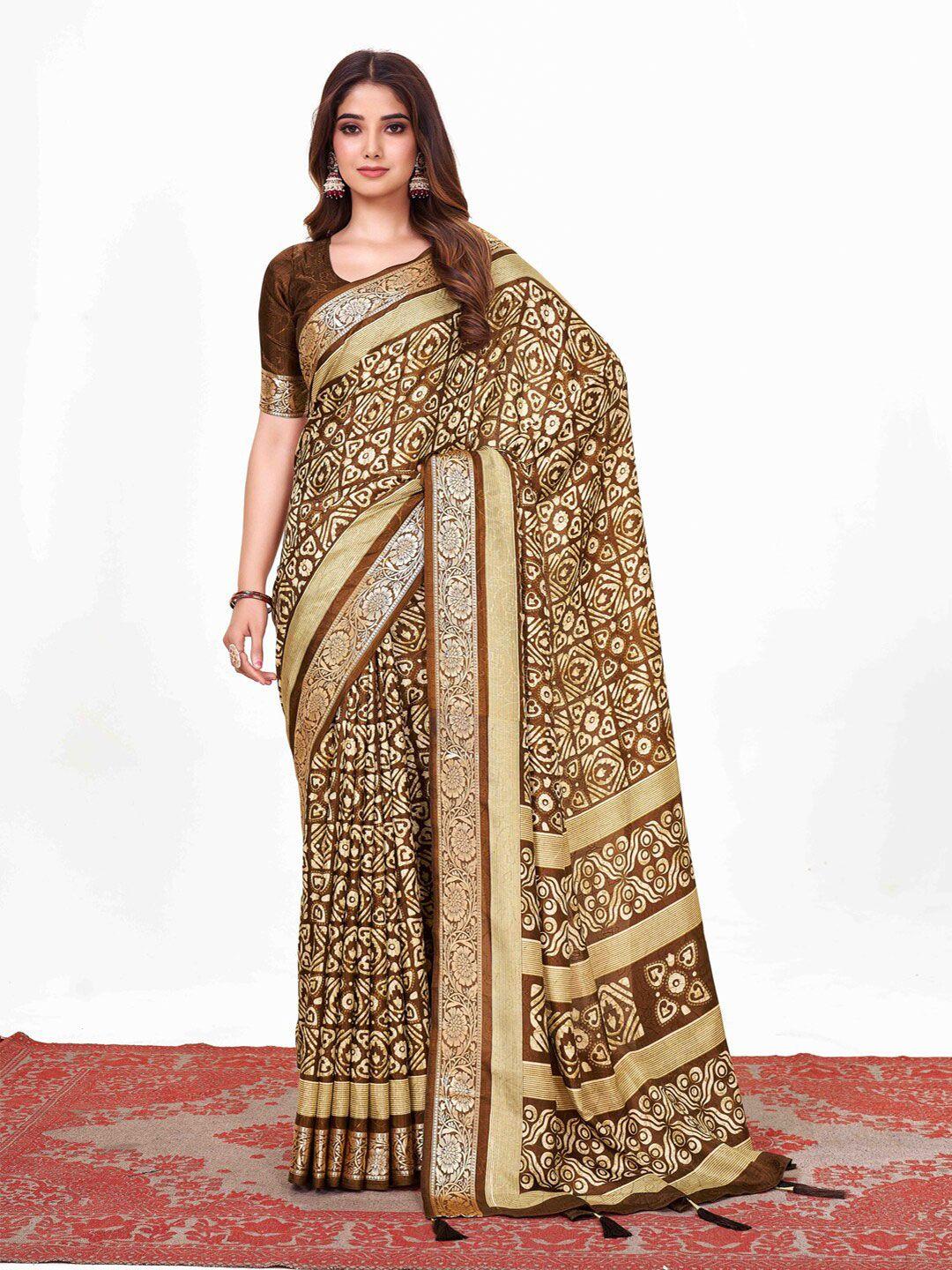 anouk brown & yellow ethnic motifs printed zari saree