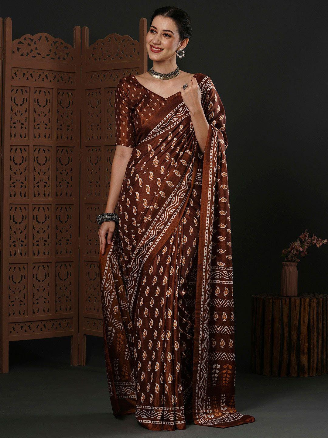 anouk brown ethnic motifs printed dola silk dabu saree