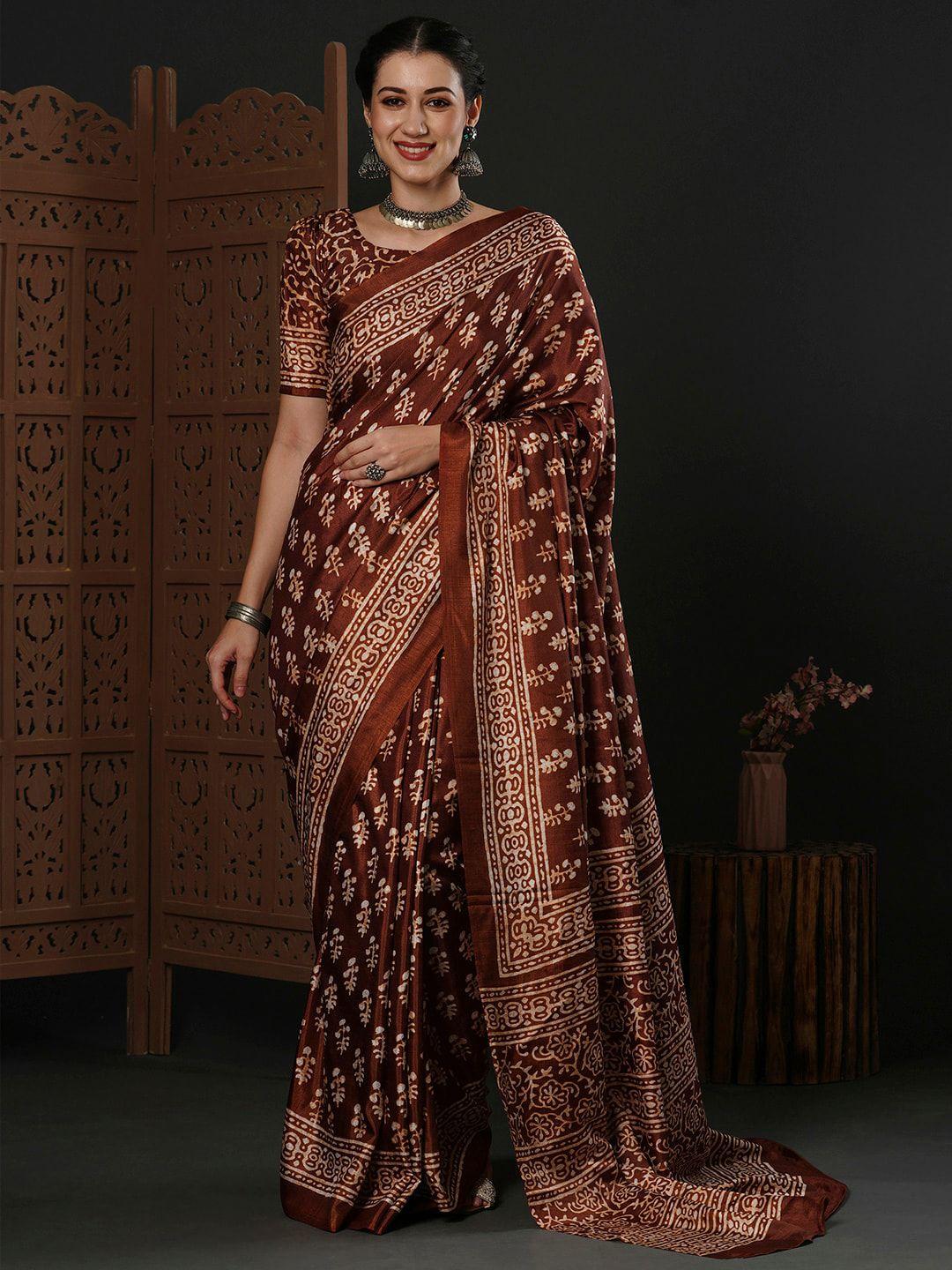 anouk brown ethnic motifs printed saree