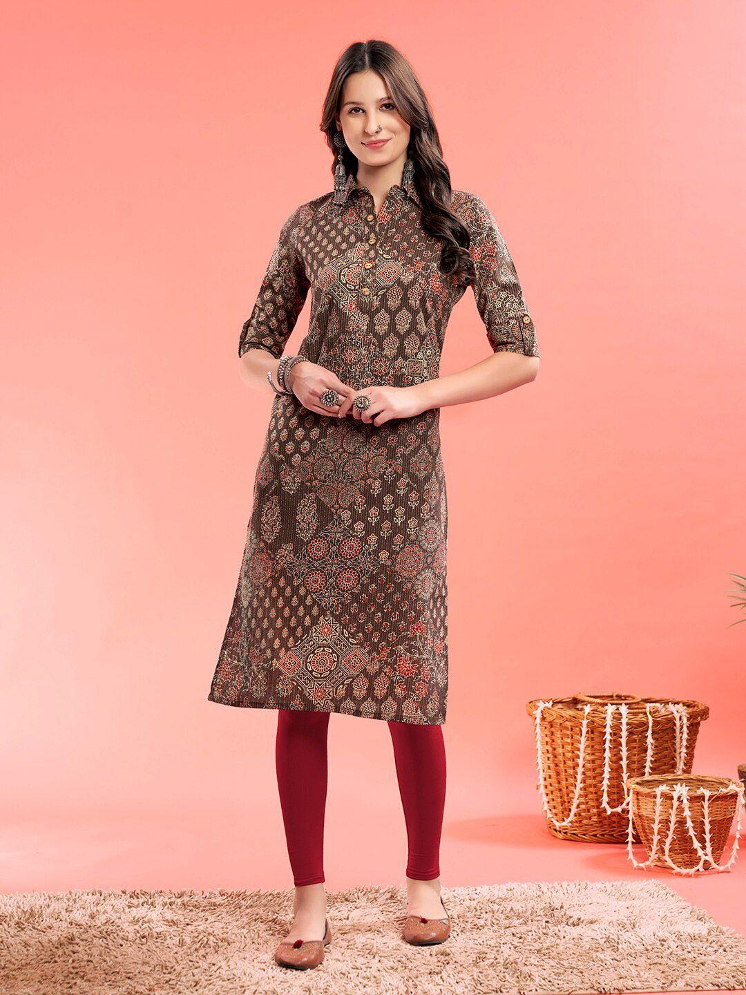 anouk brown ethnic motifs printed straight cotton kurta