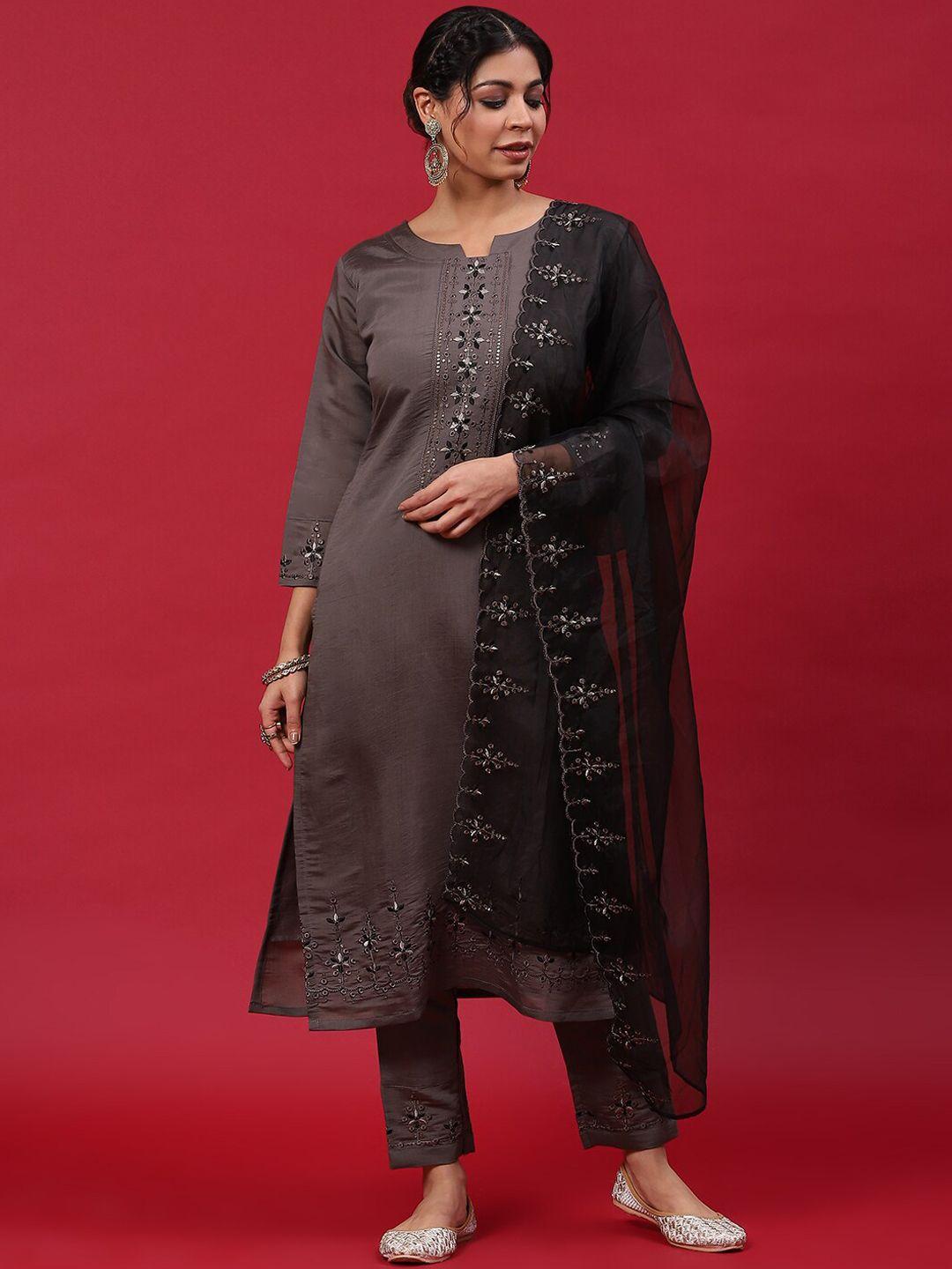 anouk brown ethnic motifs yoke design thread work detail chanderi silk straight kurta set